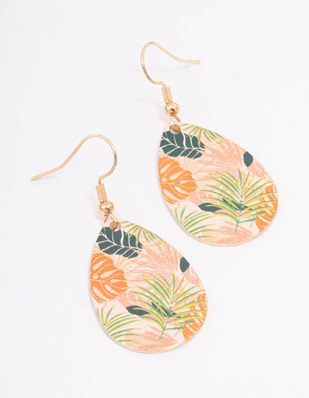 Bead weave earrings-Gold Pear Leaf Print Drop Earrings