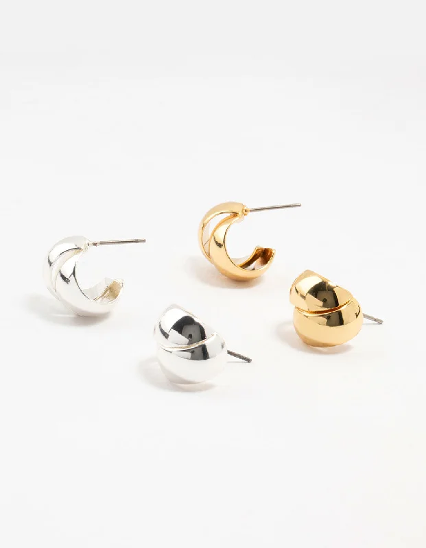 Square stud earrings-Mixed Metals Silver & Gold Plated Ball & Hoop Stud Earrings 2-Pack