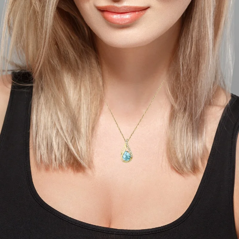 Topaz necklaces-Viducci 10k Yellow Gold Genuine Pear-shape Blue Topaz and Diamond Halo Drop Pendant Necklace