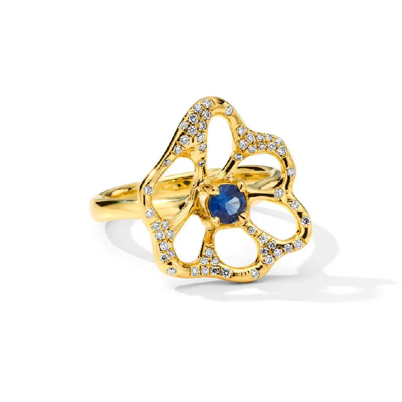 Engraved name engagement rings-Medium Flora Ring with Blue Sapphire and Diamonds