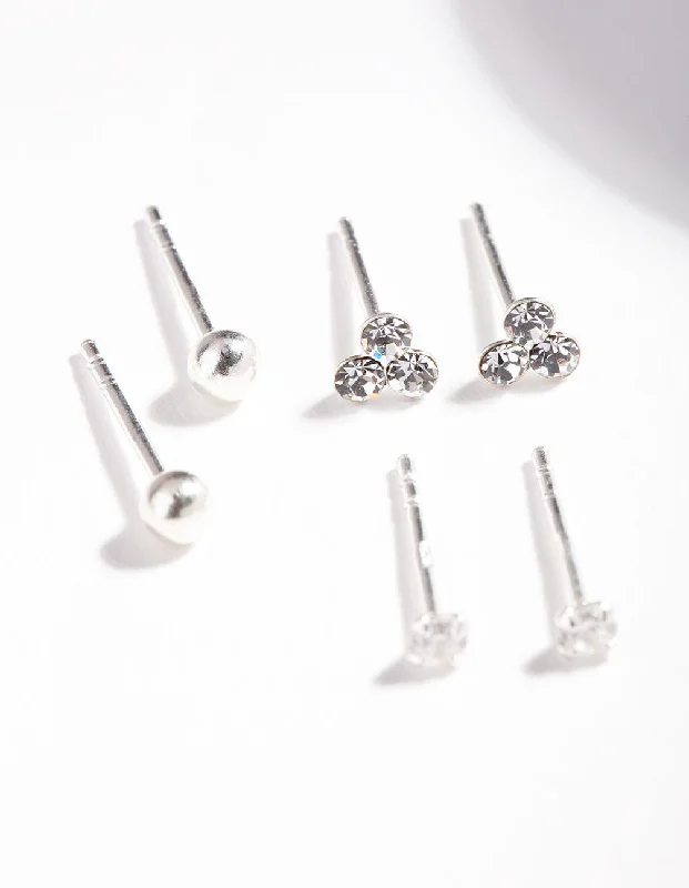 Twine bead earrings-Sterling Silver Cubic Zirconia Crystal Stud Earring Pack