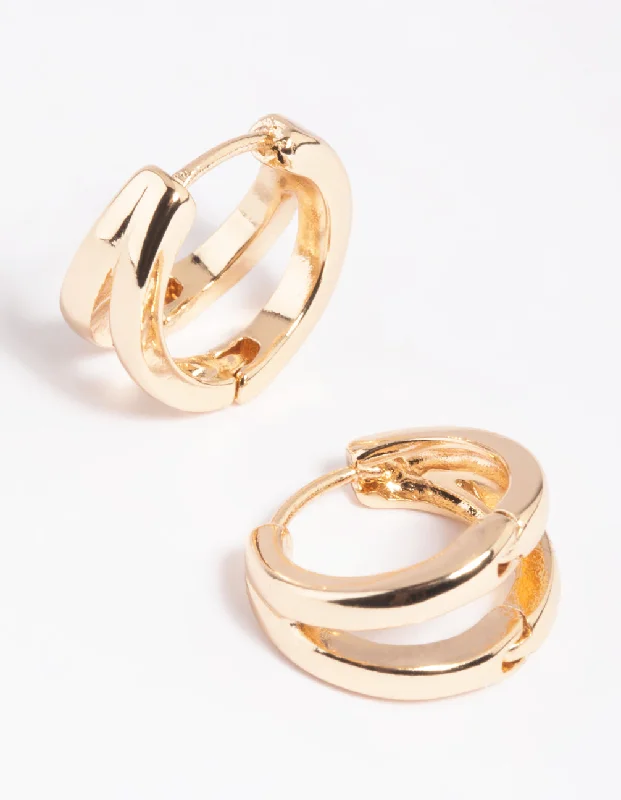 Surf motif earrings-Gold Double Loop Huggie Hoop Earrings