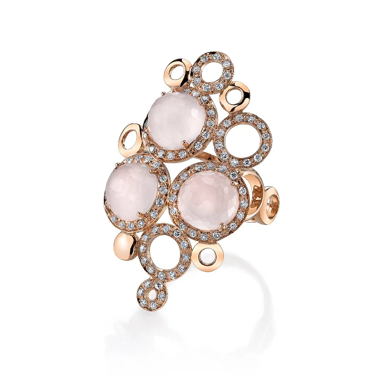 Polished bead engagement rings-18K Rose Gold Fashion Geometric Diamond And Quartz Ring