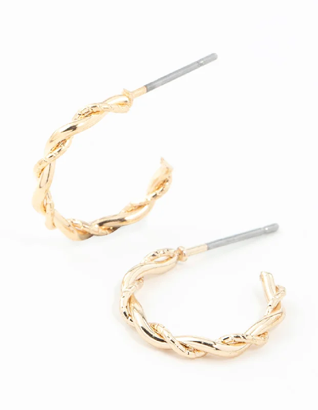 Woven cord earrings-Gold Rope Twisted Huggie Earrings