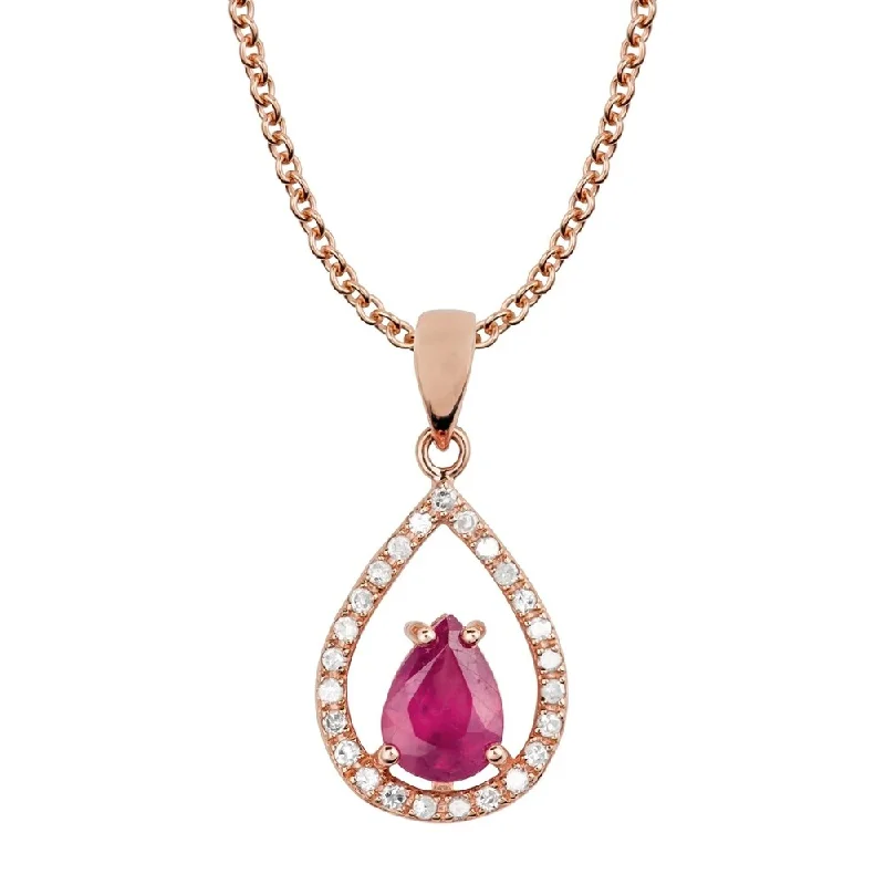 Retro locket necklaces-Viducci 10k Rose Gold Genuine Pear-Shape Ruby and Diamond Halo Tear-Drop Pendant Necklace