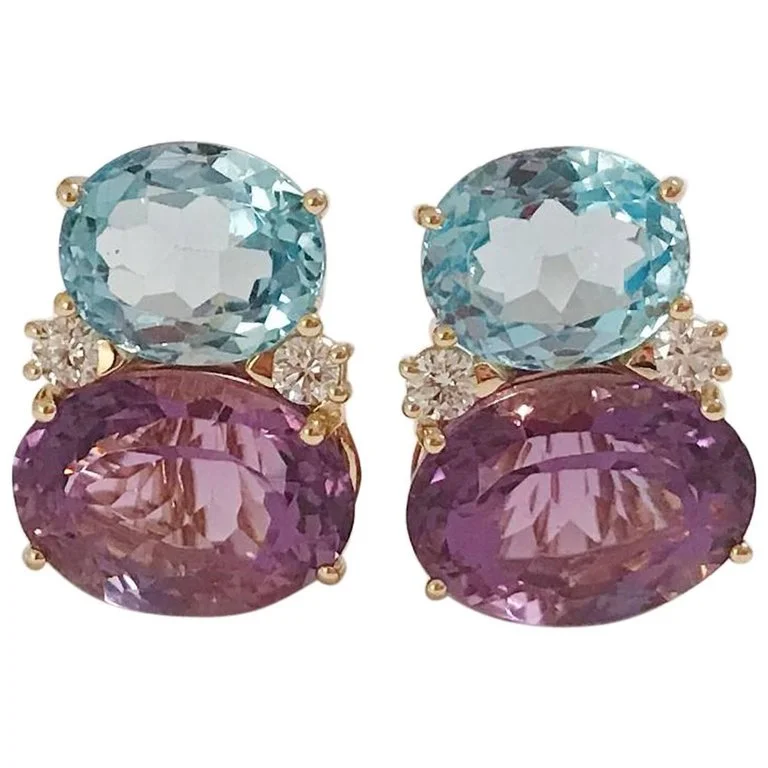 Square stud earrings-Large GUM DROP™ Earrings with Pale Blue Topaz and Bright Amethyst and Diamonds