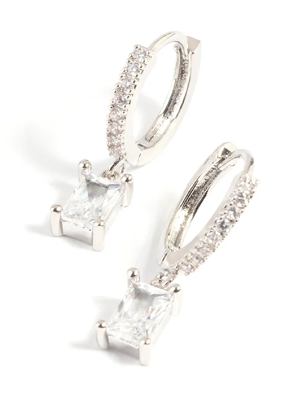 Tiny heart earrings-Silver Rectangular Cubic Zirconia Huggie Hoop Earrings