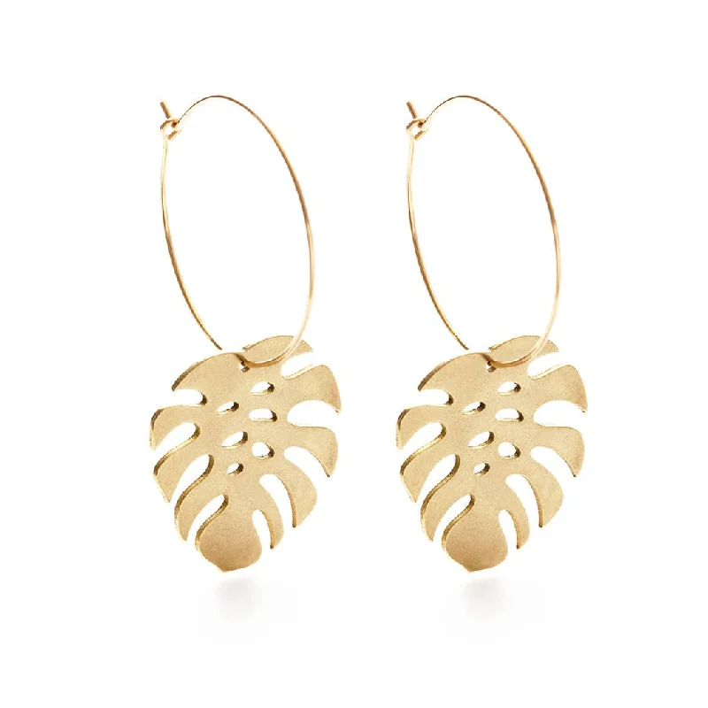 Wide bar earrings-Monstera Hoops