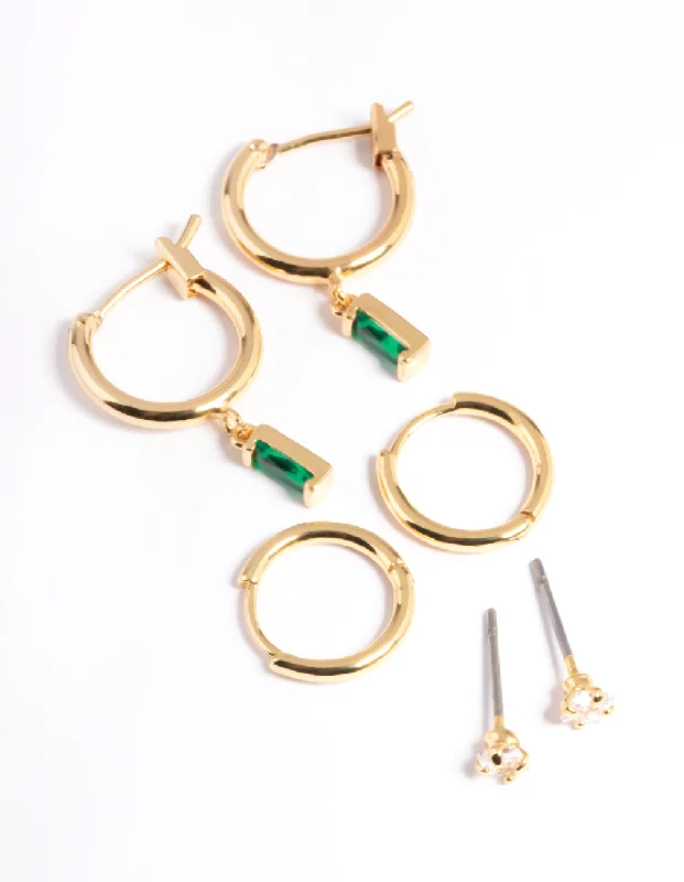 Silk fringe earrings-Gold Plated Brass Emerald Huggie Earrings 6-Pack