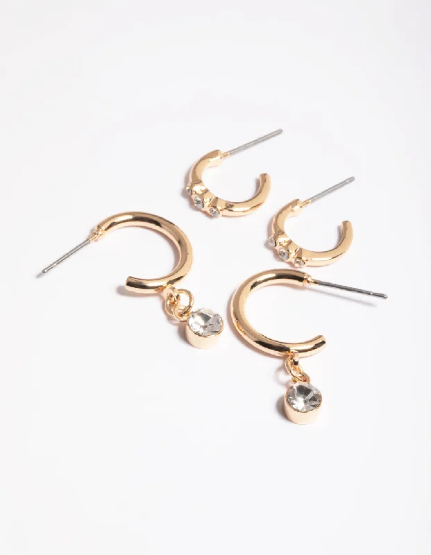 Tiny dot earrings-Gold Diamante Detail Hoop Earrings Pack