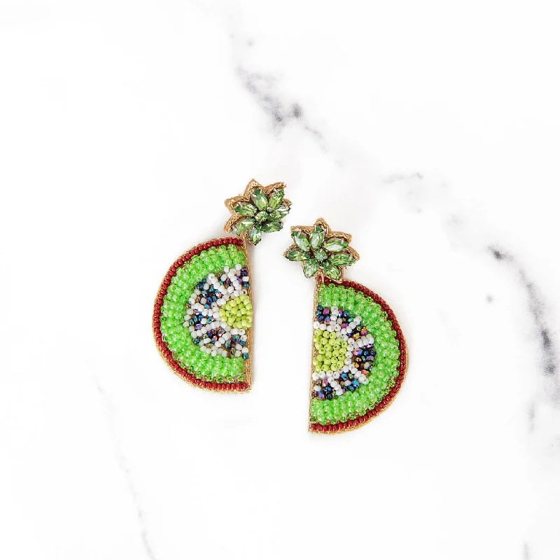 Cedar wood earrings-Beaded Kiwi Earrings