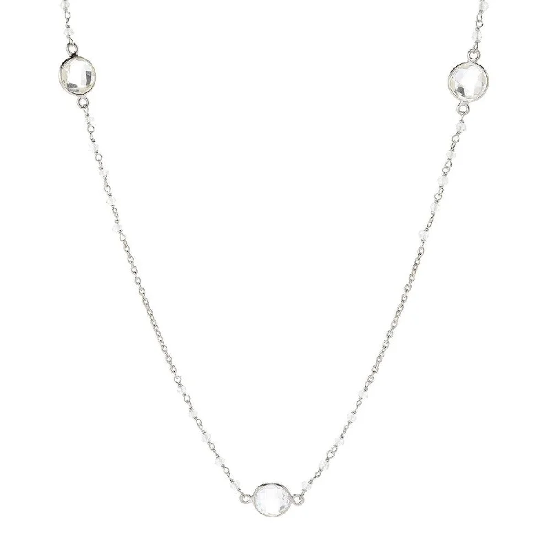 Multi-layer necklaces-Sterling Silver 36" 10mm Crystal Quartz & Rainbow Moonstone Station Necklace