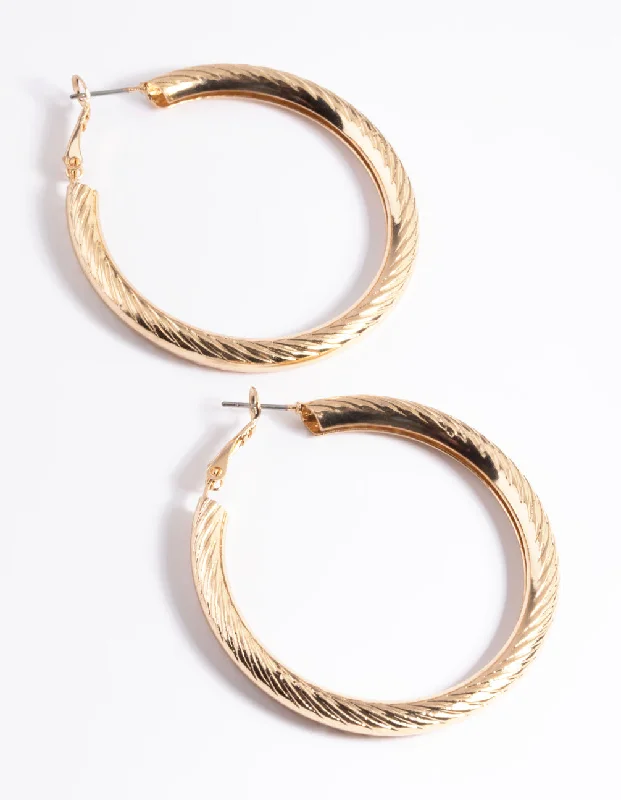 Sleek stud earrings-Gold Line Textured Hoop Earrings