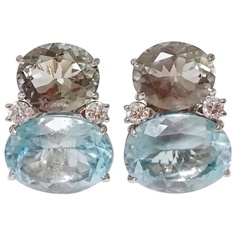 Curved design earrings-Large GUM DROP™ Earrings with Green Amethyst and Pale Blue Topaz and Diamonds