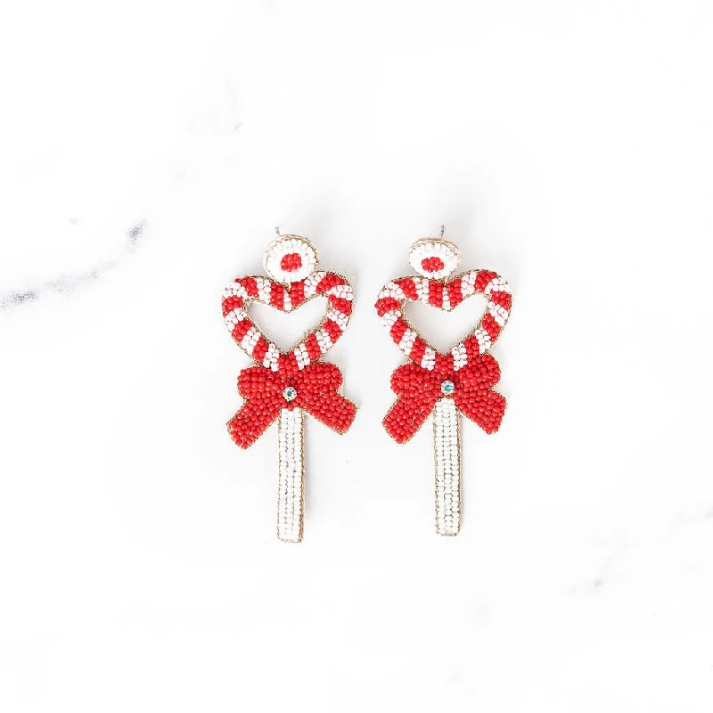 Subtle dangle earrings-Red + White Heart Lollipop Earrings