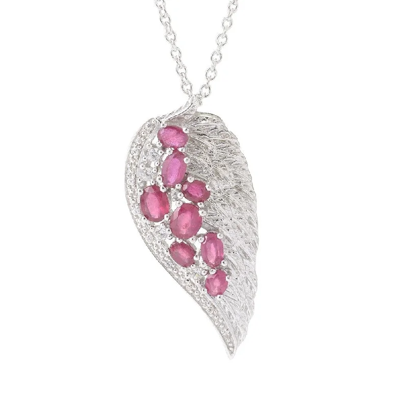 Slanted design necklaces-Platinum over Stering Silver Ruby and White Zircon Angel Wing Necklace