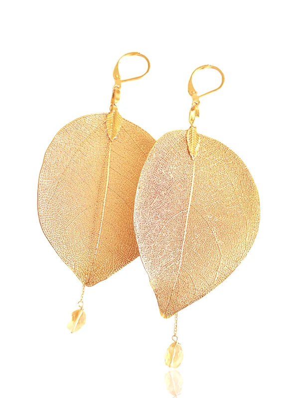 Wide bar earrings-Gold Leaf Earrings