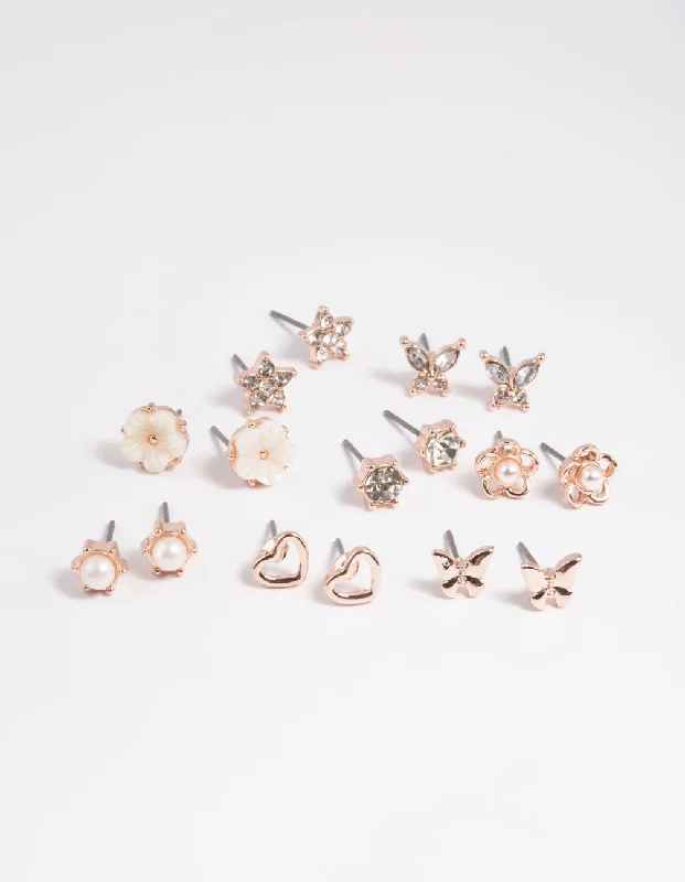 Wide bar earrings-Rose Gold Pearlised Flower Stud Earring 8-Pack