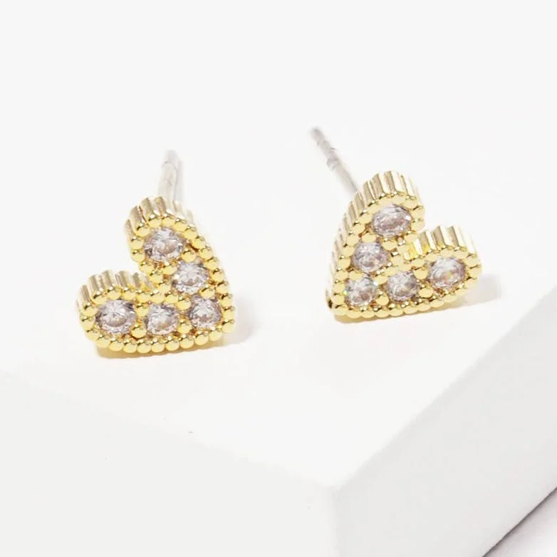 Bright stud earrings-Dipped Heart CZ Stone Stud Earrings