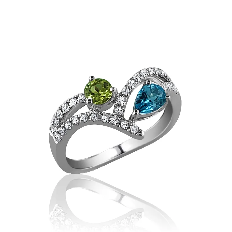 Bamboo style engagement rings-Sterling silver ring with cz's peridot and blue topaz