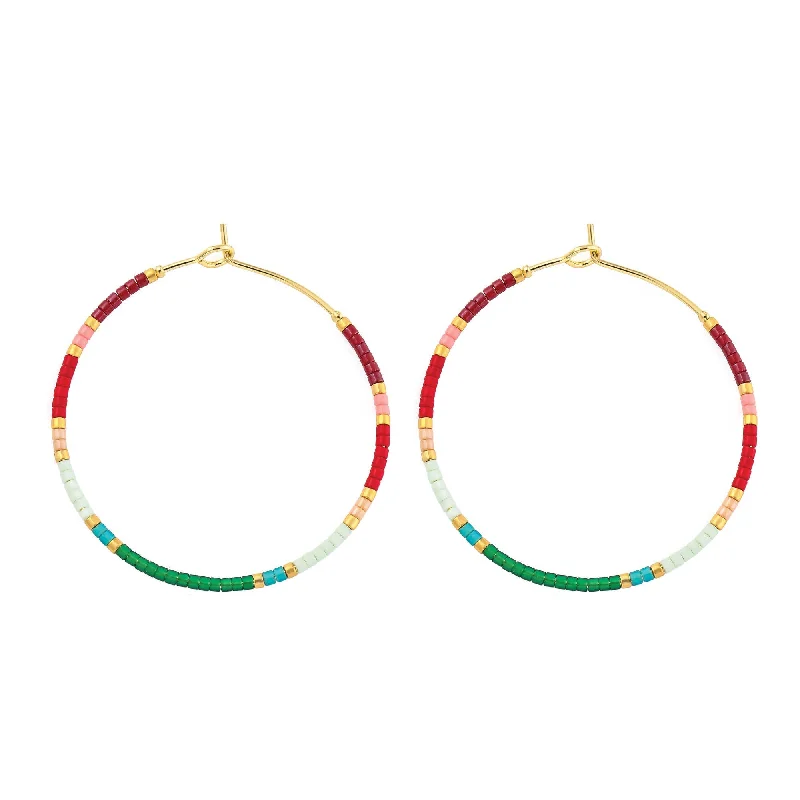 Coiled cord earrings-Miyuki Delica Hoop Earrings Red Green Blush