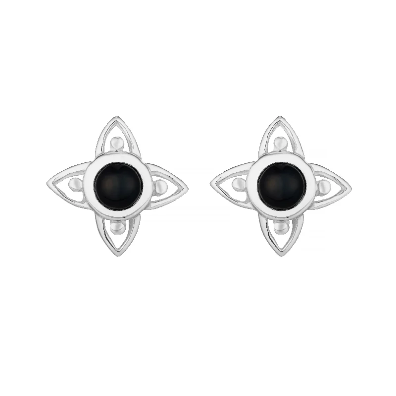 Worn medallion earrings-FLEUR - Sterling Silver & Onyx Studs