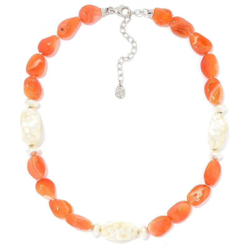 Onyx gem necklaces-Dallas Prince Sterling Silver 18.75" Orange Botswana Agate & Mother-of-Pearl Mosaic Necklace