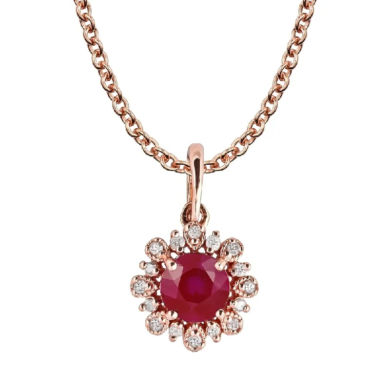 Oval gem necklaces-Viducci 10k Rose Gold Genuine Round Ruby and Diamond Vintage Style Halo Pendant Necklace