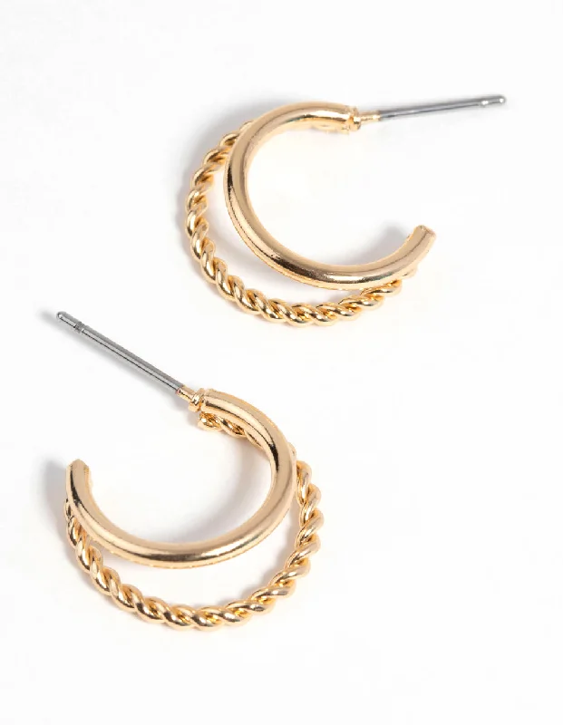 Light clay earrings-Gold Twisted Huggie Hoop Earrings