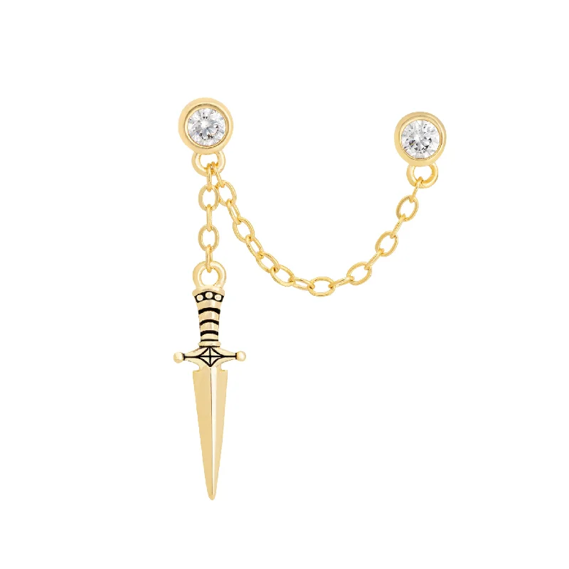 Square stud earrings-Dagger Double Stud Chain Earring