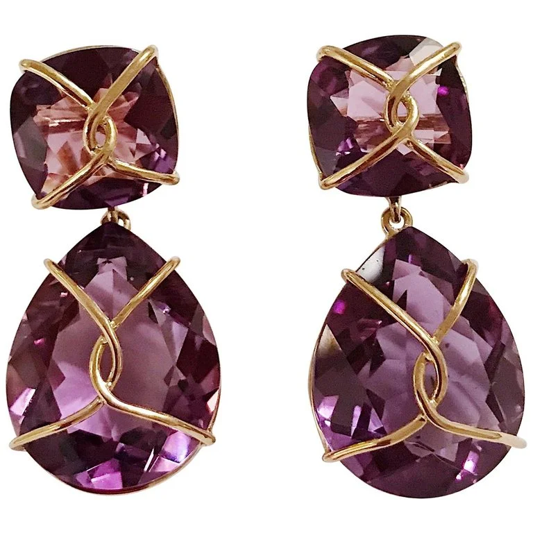 Onyx stone earrings-Yellow Gold Wrapped Drop Earring with Purple Amethyst