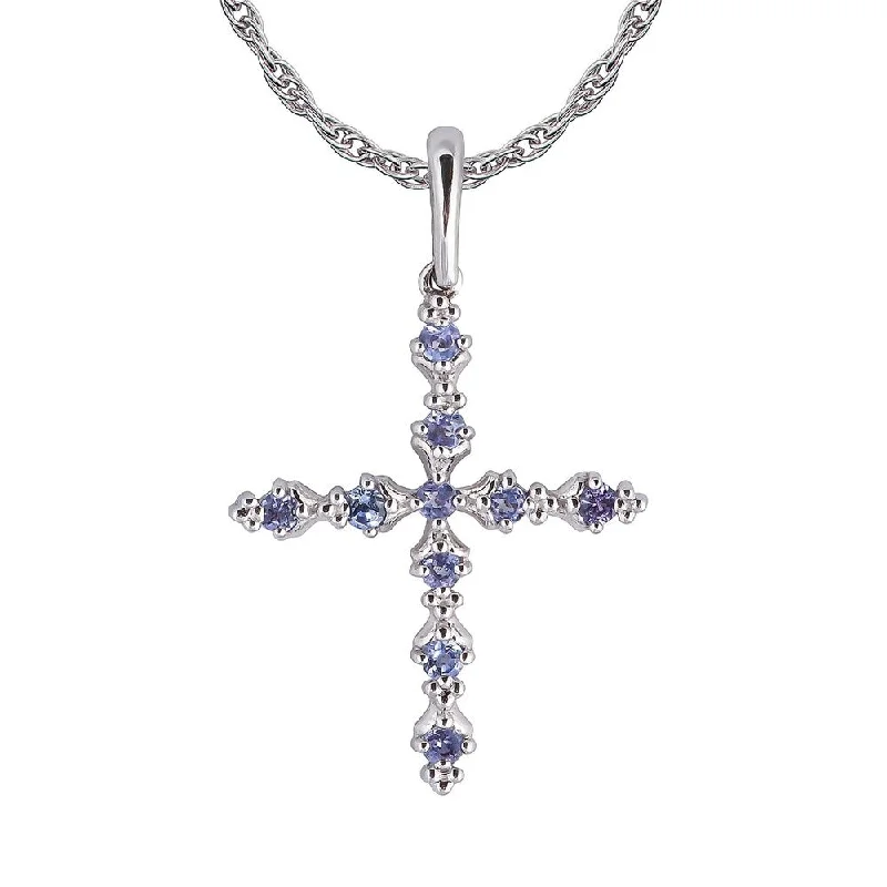 Silk cord necklaces-Viducci 10k White Gold Genuine Tanzanite Cross Pendant Necklace