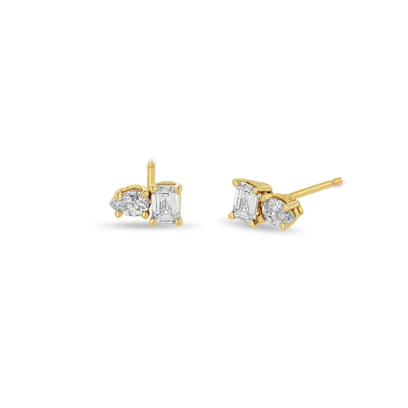 Onyx stone earrings-14k Prong Pear & Emerald Cut Diamond Studs