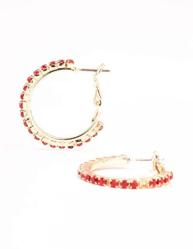 Radiant pearl earrings-Gold Cupchain Red Diamante Hoop Earrings