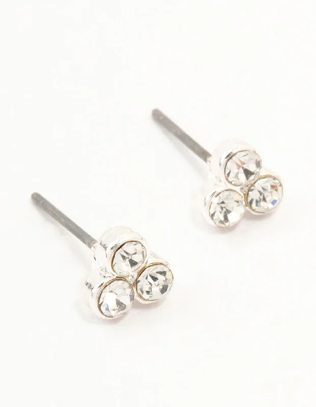 Layered drop earrings-Silver Diamante Cluster Stud Earrings