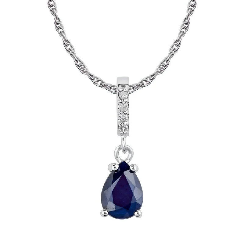 Drape-style necklaces-Viducci 10k White Gold Genuine Pear-Shape Sapphire and Diamond Drop Pendant Necklace