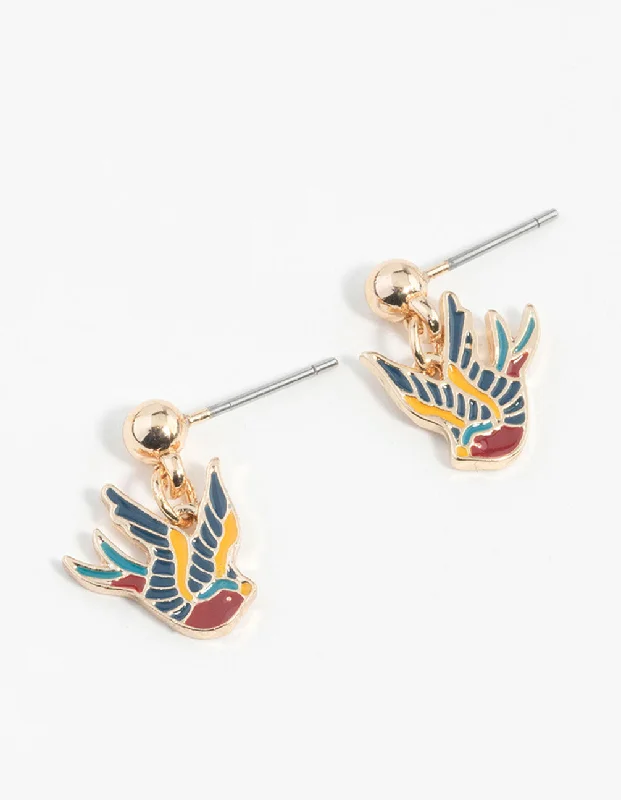 Leaf motif earrings-Gold Tattoo Coloured Sparrow Drop Earrings