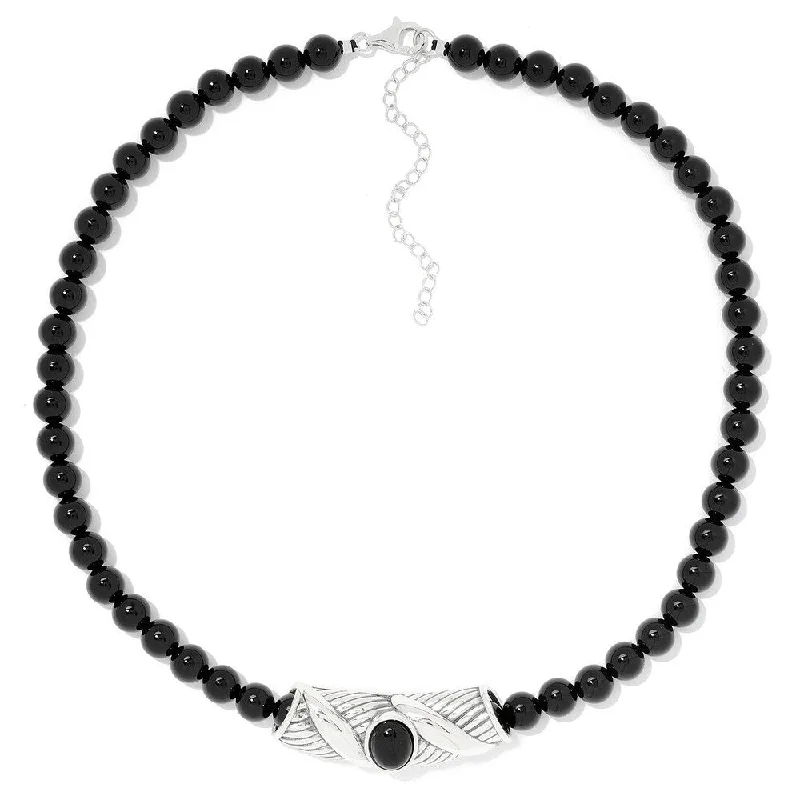 Spring clasp necklaces-Sterling Silver Oval Black Onyx Slide Pendant & 18" Bead Necklace