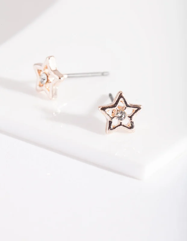 Astro charm earrings-Rose Gold Diamante Star Stud Earrings