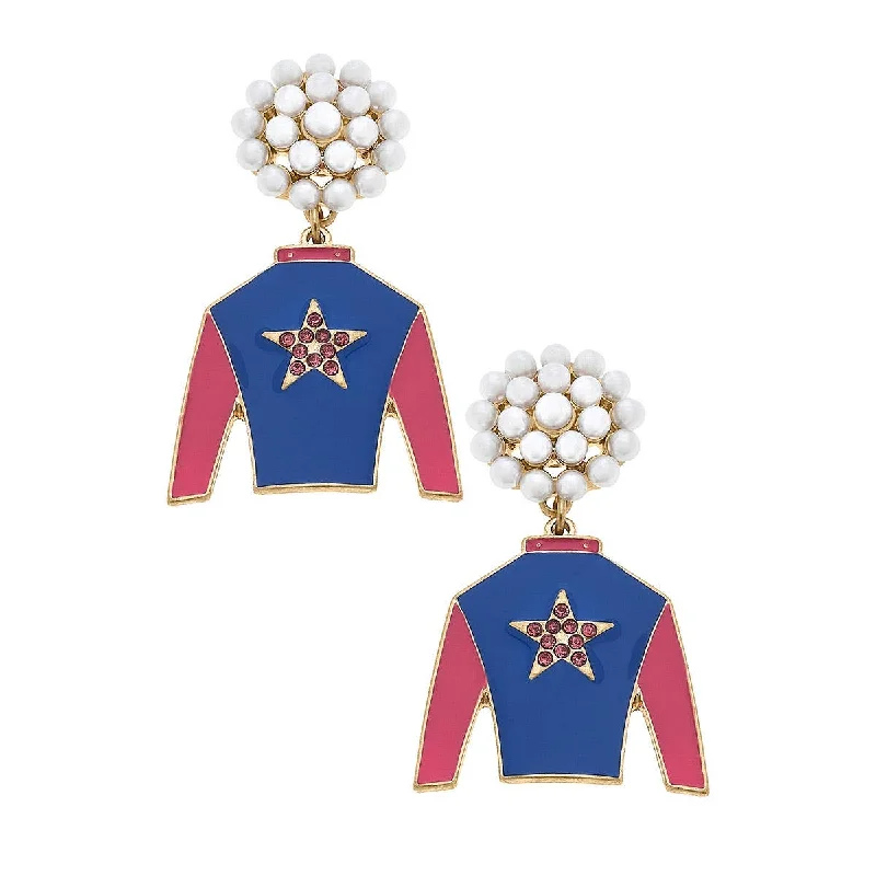 Polished bead earrings-Canvas Style - Risen Star Pearl Cluster Jockey Enamel Earrings in Blue & Fu