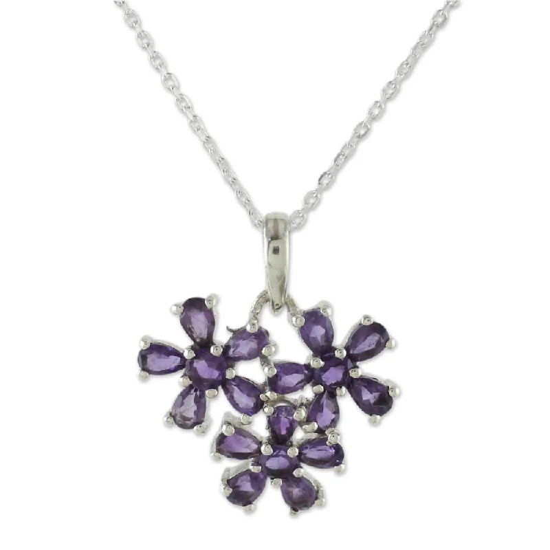 Smooth pendant necklaces-Handmade Sterling Silver 'Bouquet of Wisdom' Amethyst Necklace (India)