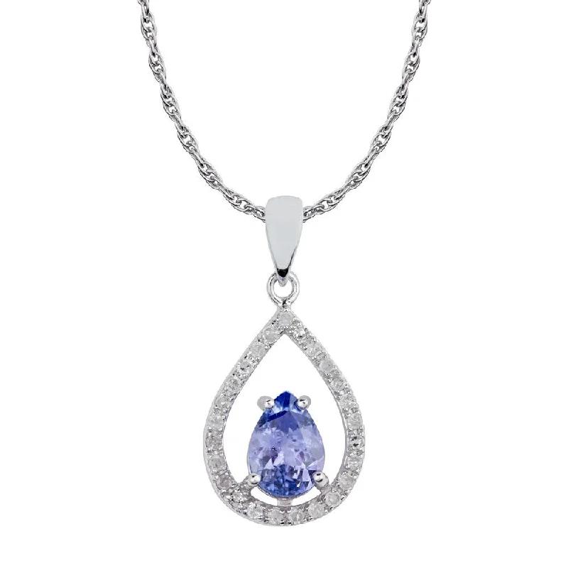 Leaf motif necklaces-Viducci 10k White Gold Genuine Pear-Shape Tanzanite and Diamond Halo Tear-Drop Pendant Necklace