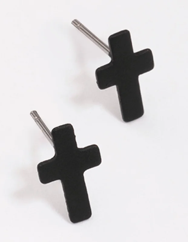 Layered tier earrings-Black Cross Stud Earrings