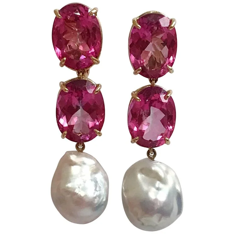 Subtle dangle earrings-Elegant Three-Stone Drop Earring with Pink Topaz and Baroque Pearl