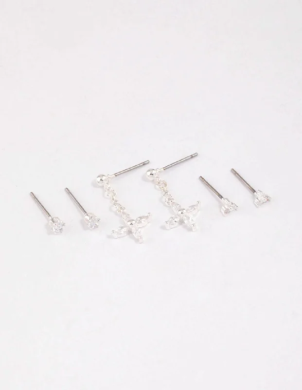 Petal hoop earrings-Silver Plated Brass  Cubic Zirconia Drop Flower Earring 6-Pack