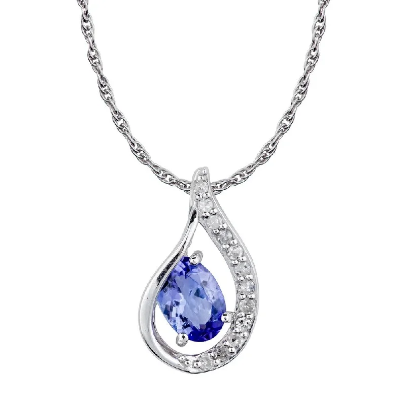 Mystic eye necklaces-Viducci 10k White Gold Genuine Oval Tanzanite and Diamond Halo Drop Pendant Necklace