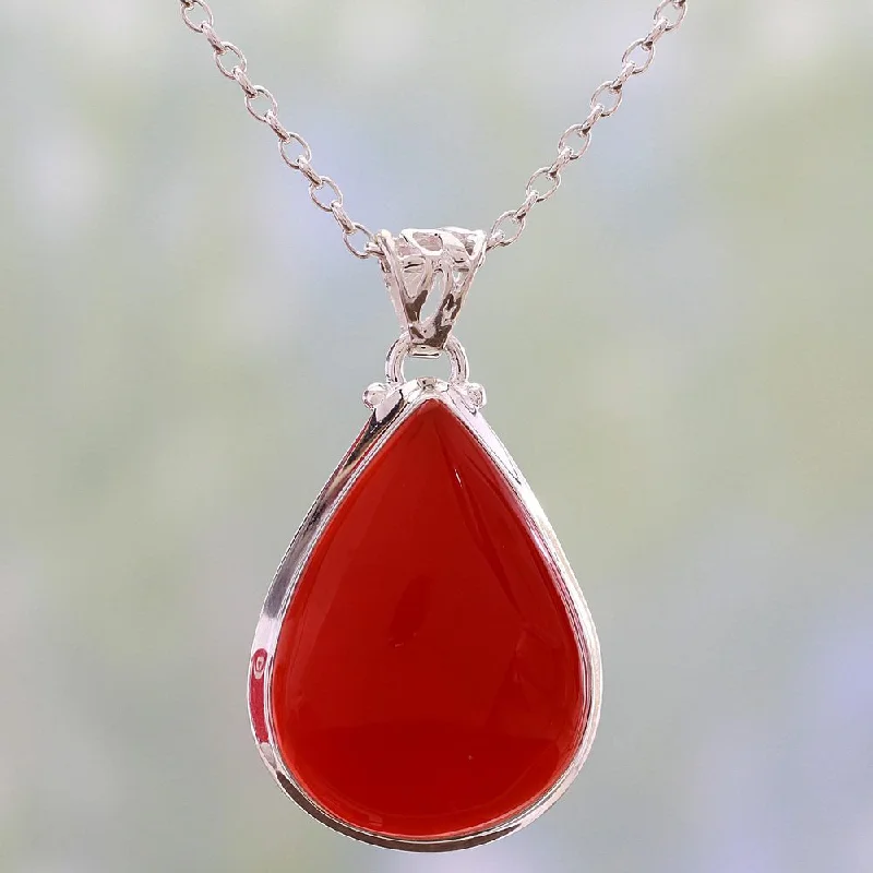 Multi-layer necklaces-Handmade Sterling Silver 'Drop of Sunshine' Carnelian Necklace (India)