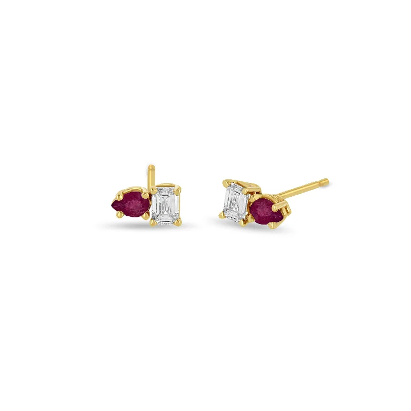 Vivid druzy earrings-14k Pear Ruby & Emerald Cut Diamond Studs