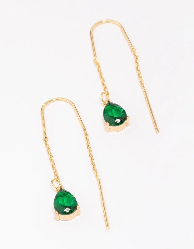 Alloy metal earrings-Gold Plated Cubic ZIrconia Emerald Threader Drop Earrings