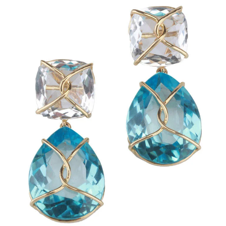 Trekker feather earrings-18kt Yellow gold Wrapped Drop Earrings with Rock Crystal and Blue Topaz